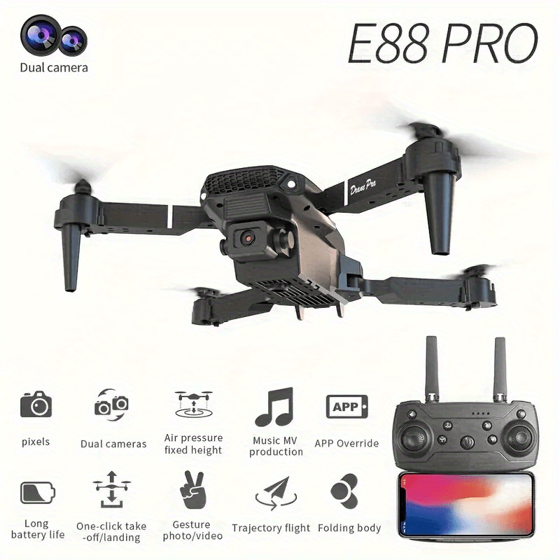 E88 Quadcopter Drone with Dual HD Cameras, One-Key Return, WiFi Connection, 4-Spinner Control, USB Charging, 85g Max Takeoff - Ideal for Christmas, Halloween, Thanksgiving Gift