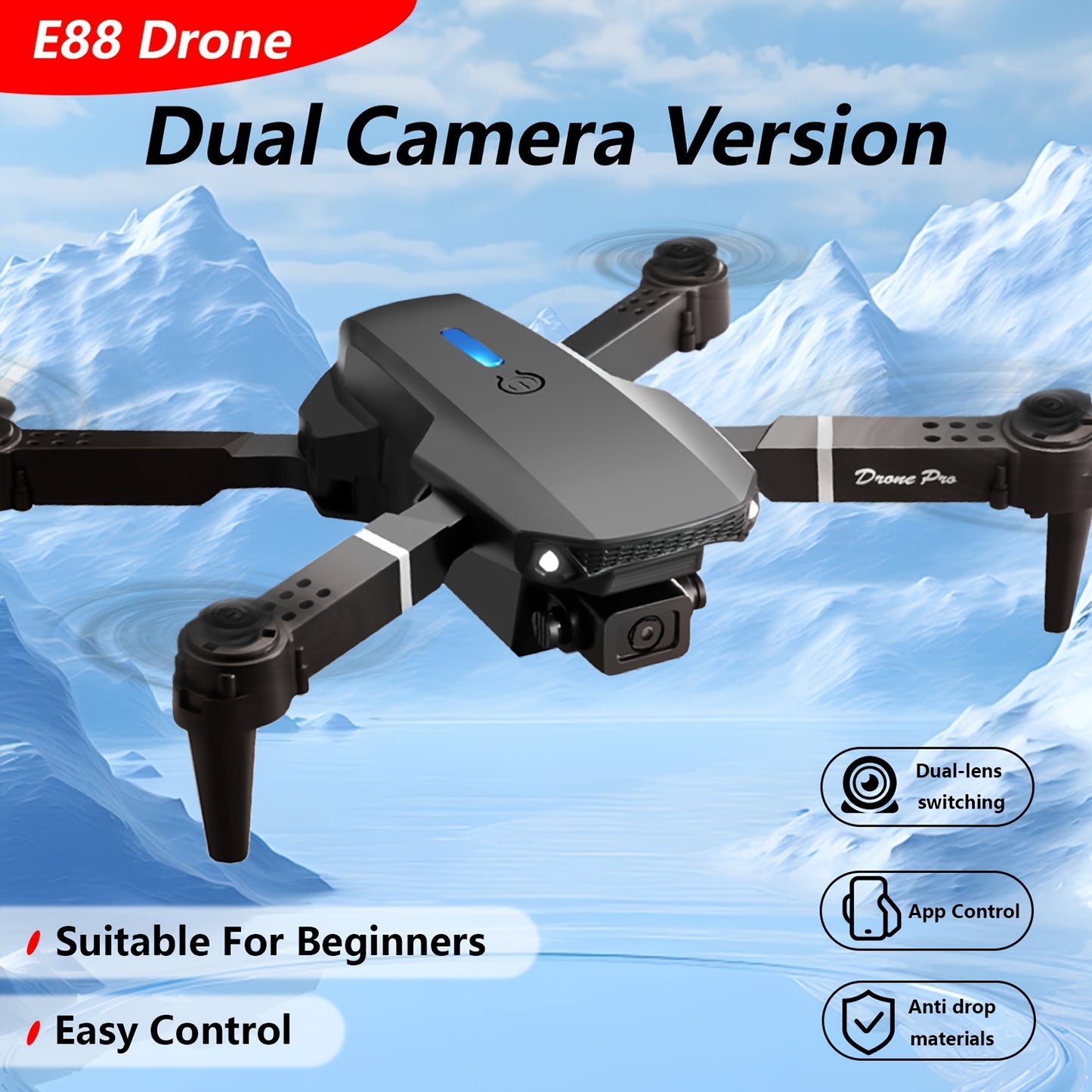 E88 Quadcopter Drone with Dual HD Cameras, One-Key Return, WiFi Connection, 4-Spinner Control, USB Charging, 85g Max Takeoff - Ideal for Christmas, Halloween, Thanksgiving Gift
