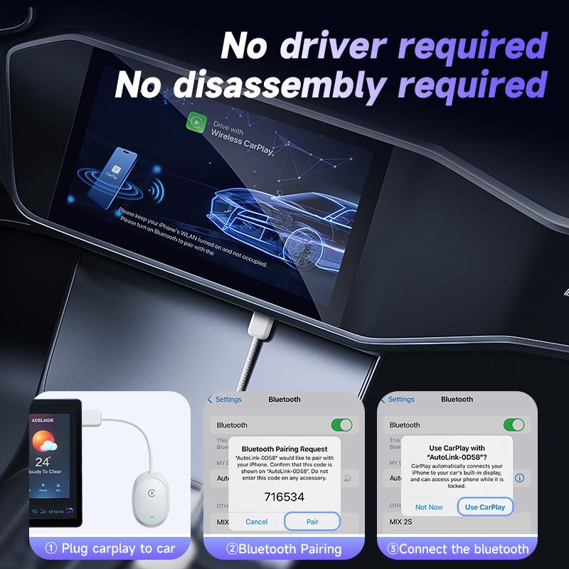 2-in-1 Wireless Adapter for Android Auto & Apple CarPlay, Plug & Play, Wi-Fi 6, Bluetooth 5.2, Compatible with iPhone 6+ / Android 11+, Includes USB-A/Type-C